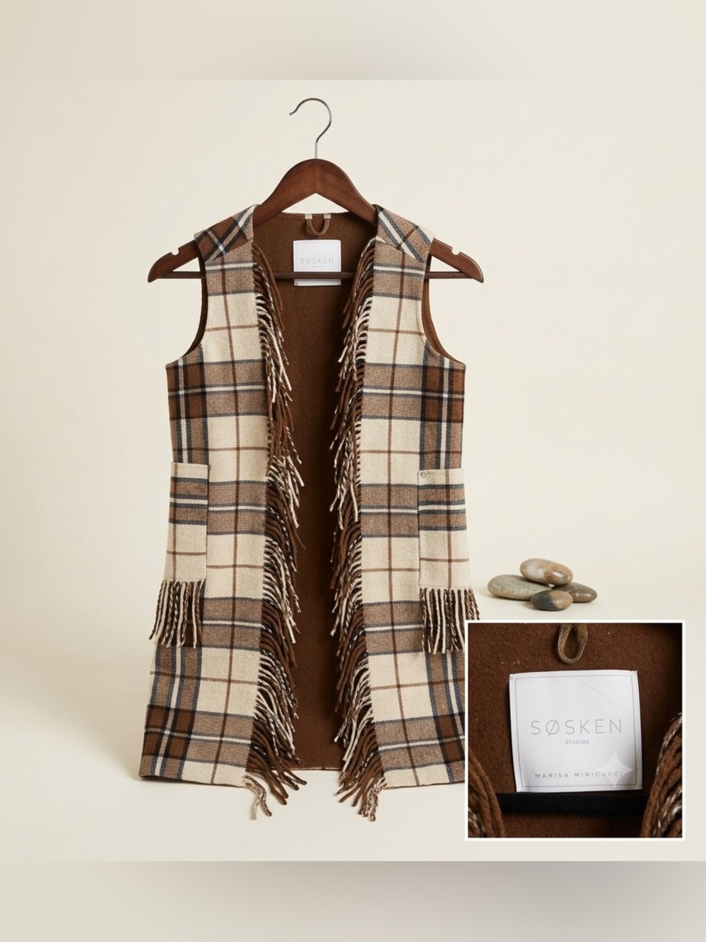 Søsken Plaid Fringe Sleeveless Vest - Brown & Cream